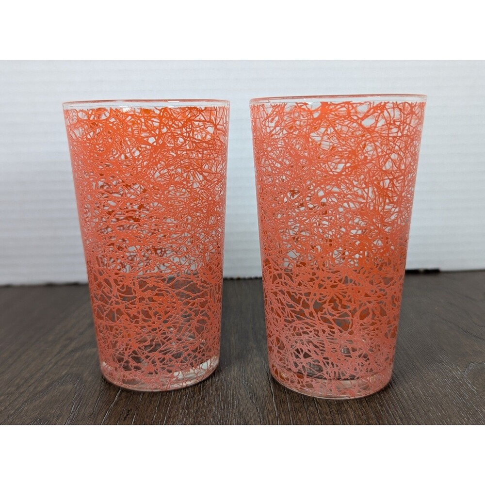 LOT OF 2 VTG MCM Spaghetti Glasses Tumblers Orange Drinkware Retro Barware 5"